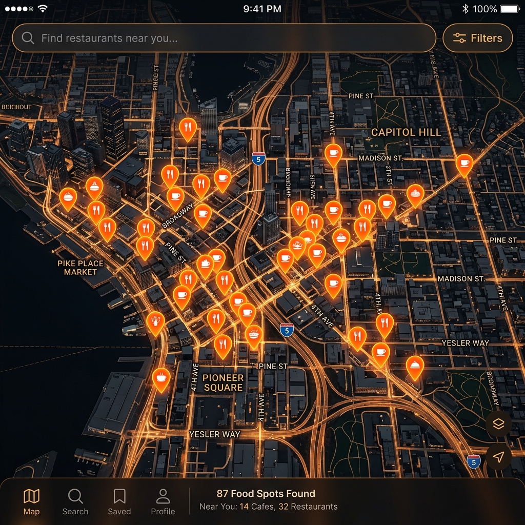 Scout map showing nearby restaurants